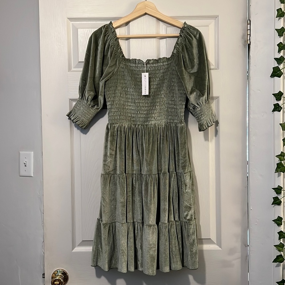 Baltic Born Dusty Sage Blissed Smocked Velvet Short Dress